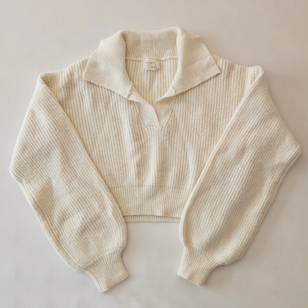 Dreamers By Debut Cream Ribbed Knit Collared Sweater